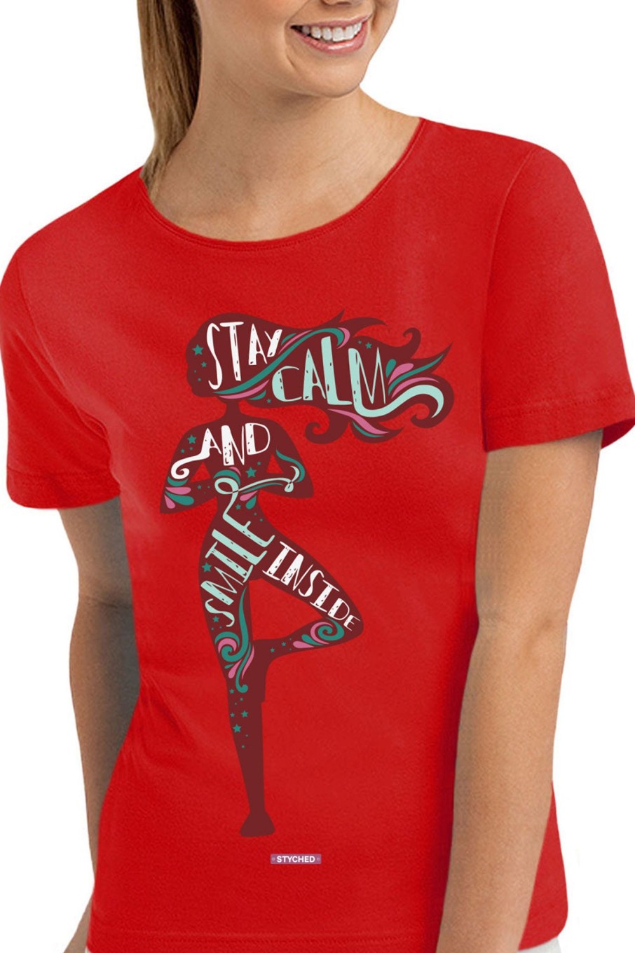 Men Styched Fashion | Stay Calm And Smile Inside - Quirky Graphic T-Shirt Red Color