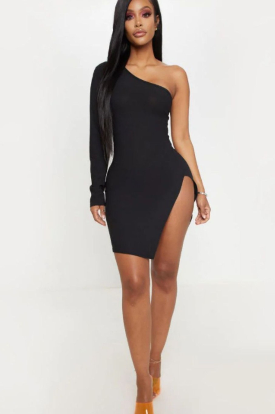 Women Styched Fashion | Mini One Shoulder Side Slit Black Dress