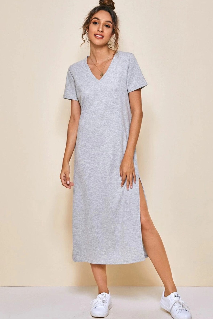 Women Styched Fashion | Split Hem Grey Tee Dress