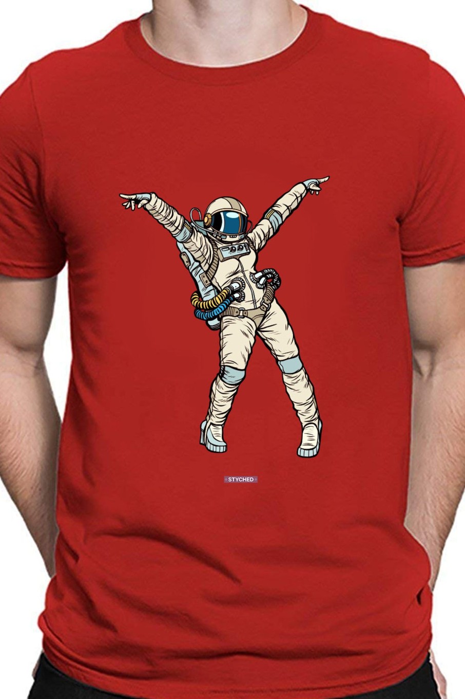 Men Styched Fashion | Astronaut Dancing - Cool Graphic Round Neck Red T-Shirt