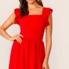 Women Styched Fashion | Open Back Ruffle Trim Dress Red