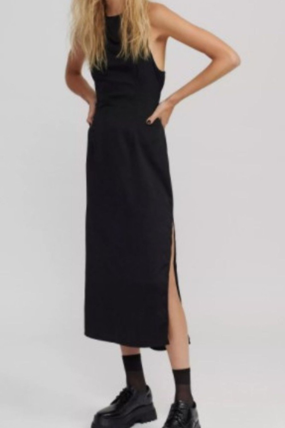 Women Styched Fashion | Backless Tie-Up Slit Midi Close Neck Dress