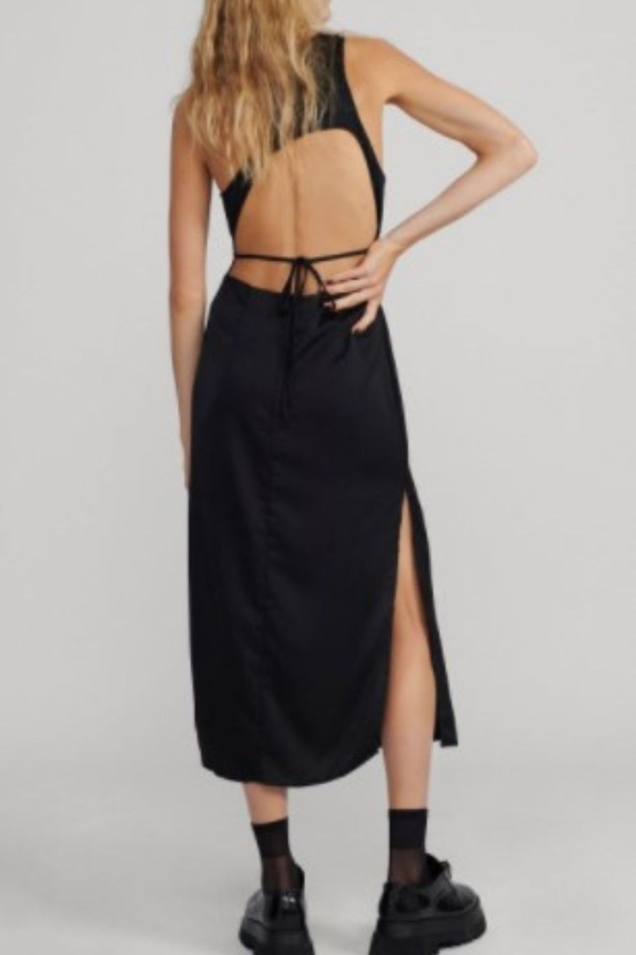 Women Styched Fashion | Backless Tie-Up Slit Midi Close Neck Dress