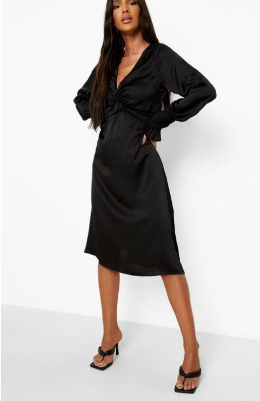 Women Styched Fashion | Black Satin Twist Plunge Midi Dress