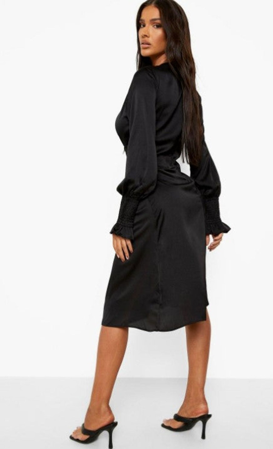 Women Styched Fashion | Black Satin Twist Plunge Midi Dress