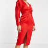 Women Styched Fashion | Satin Midi Dress With Batwing Sleeve And Wrap Waist In Red