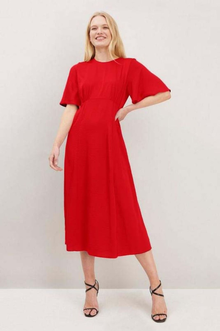 Women Styched Fashion | Satin Angel Sleeve Midi Dress