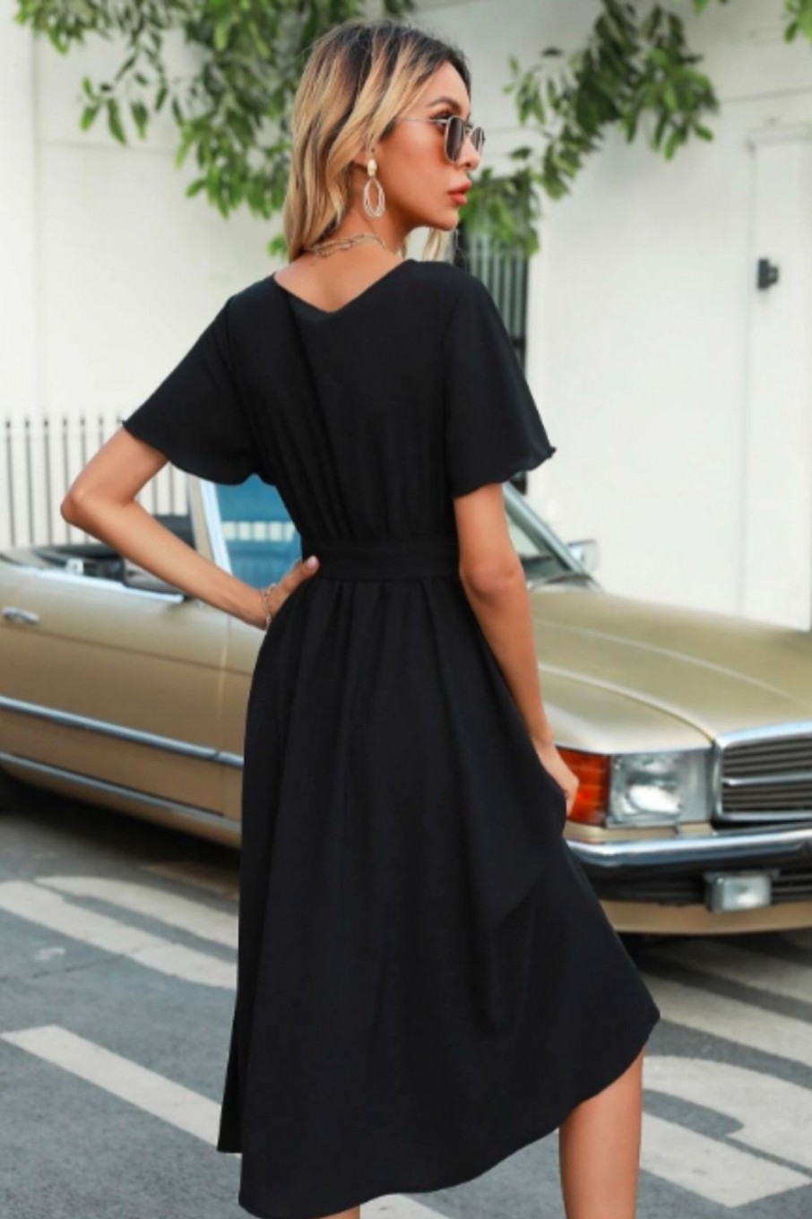 Women Styched Fashion | Wrap Tie Waist Flare Midi Dress