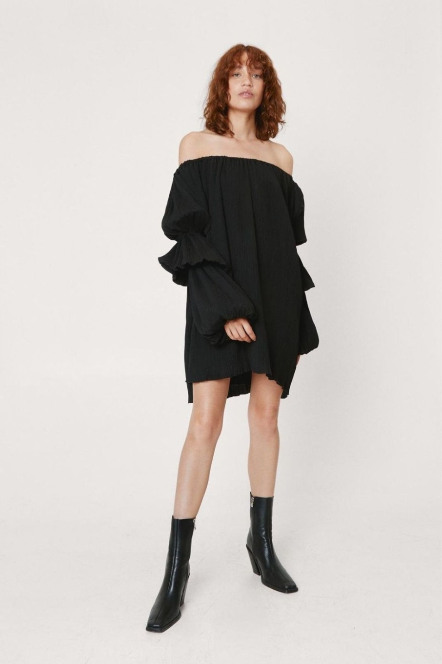 Women Styched Fashion | Pleated Puff Sleeve Bardot Mini Dress