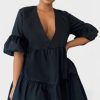 Women Styched Fashion | Plunge Neck Mini Flare Dress In Black