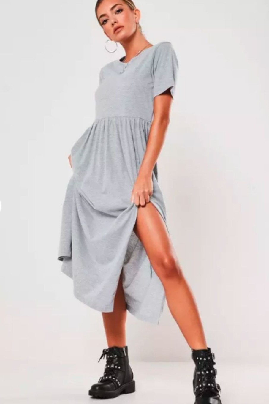 Women Styched Fashion | Grey Midi Smock Dress