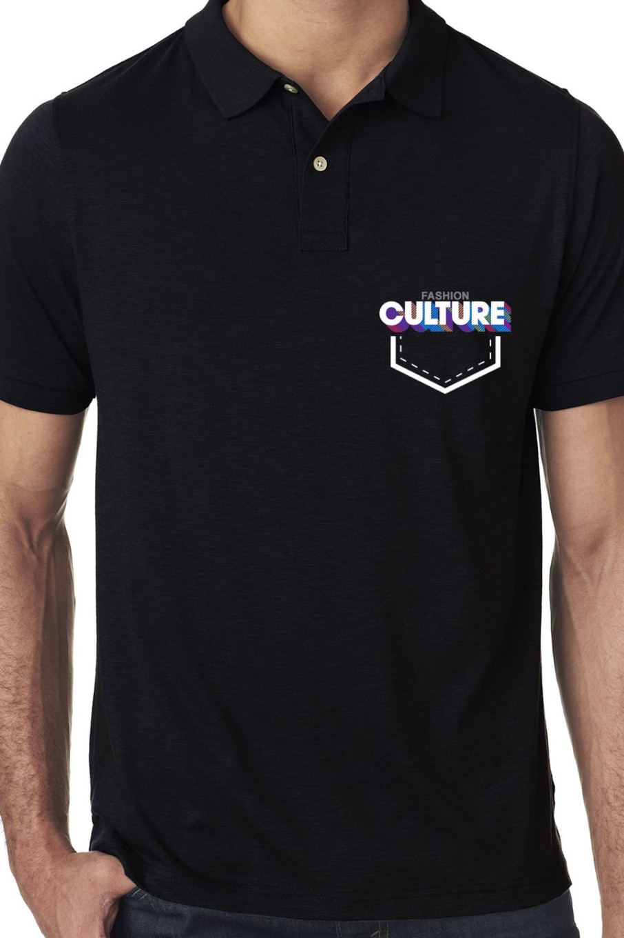 Men Styched Fashion | Black Premium Polo T-Shirt With Fashion Culture Retro Typographic Pocket Print