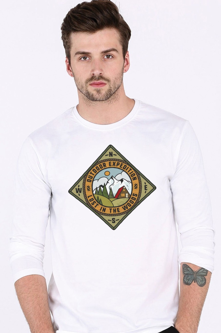 Men Styched Fashion | Outdoor Expedition Lost In Woods - White Full Sleeve T-Shirt Cotton