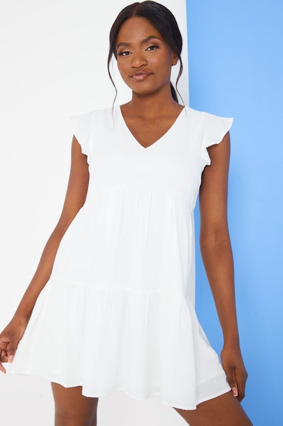 Women Styched Fashion | White Flippy Sleeve Dress