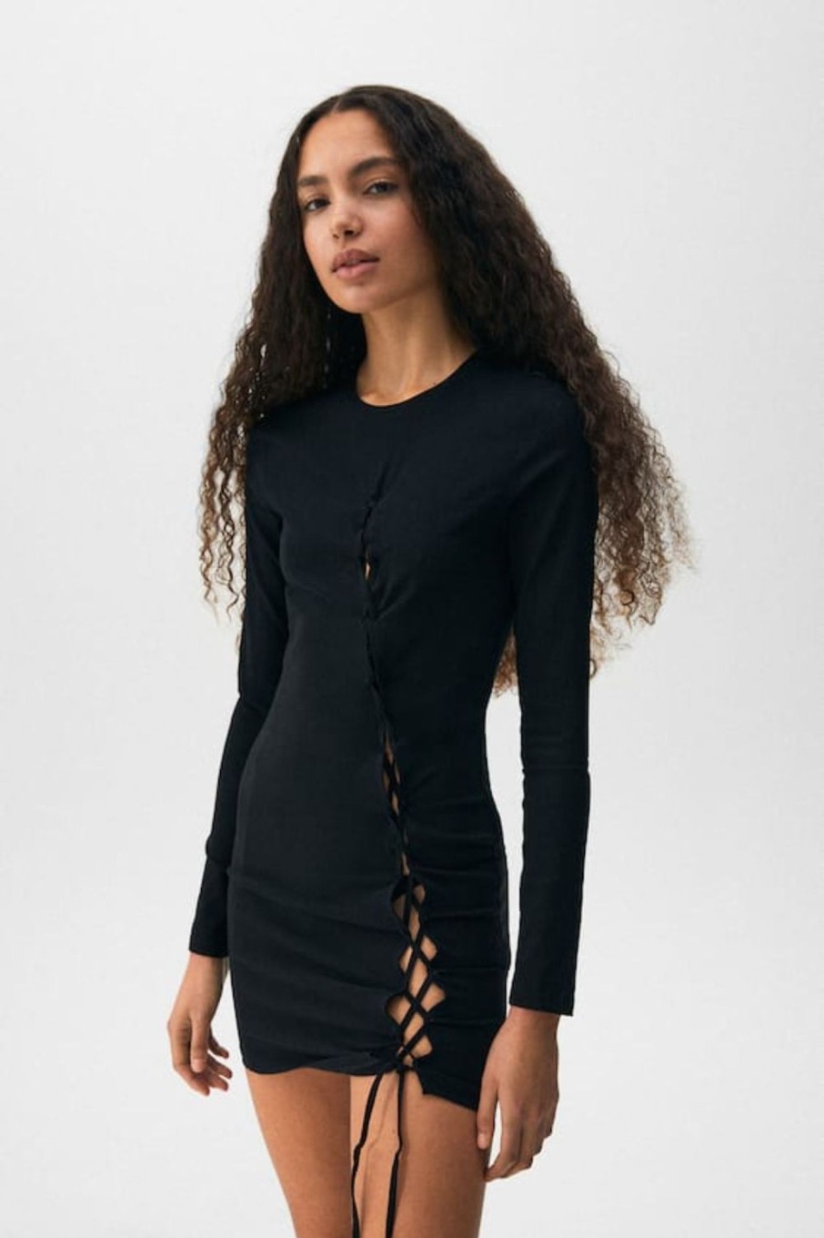 Women Styched Fashion | Black Short Dress With Lace-Up Cut-Out Detail