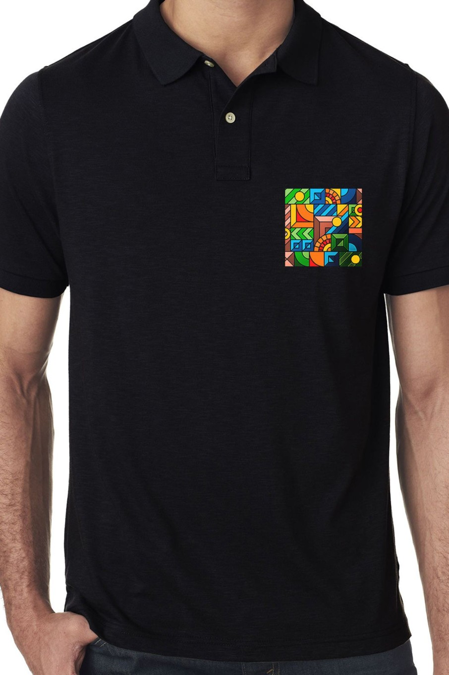 Men Styched Fashion | Black Premium Polo T-Shirt With Colorful Geometric Shapes Pocket Print