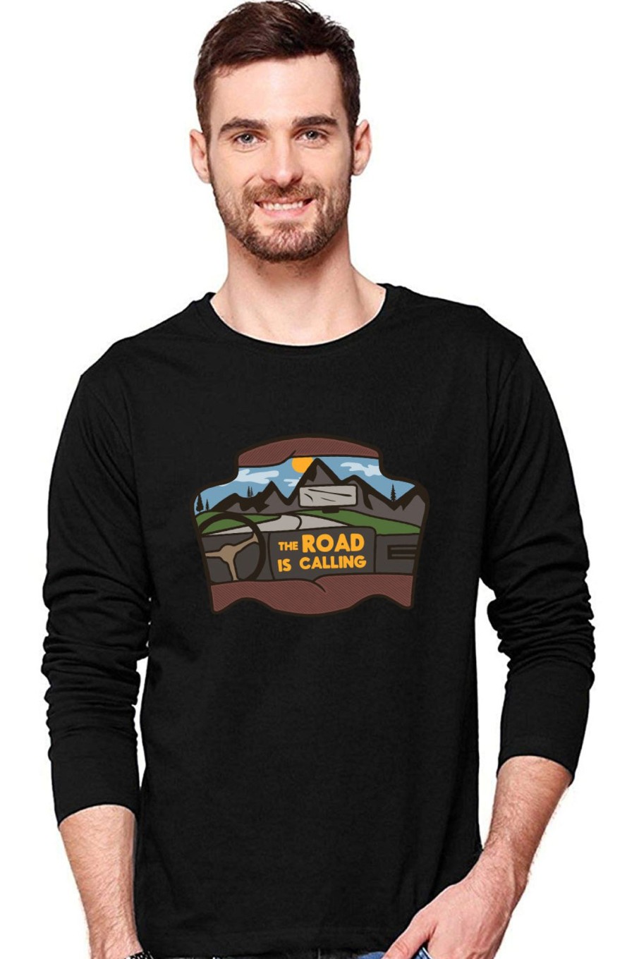 Men Styched Fashion | Road Is Calling - Travel Theme Full Sleeve Graphic Printed Black T-Shirt