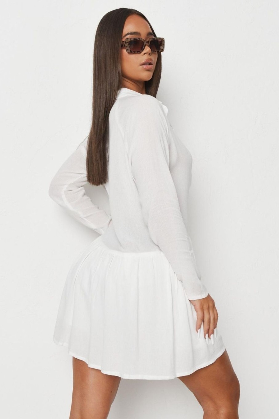 Women Styched Fashion | Button Open Front White Mini Ruffled Hem White Dress