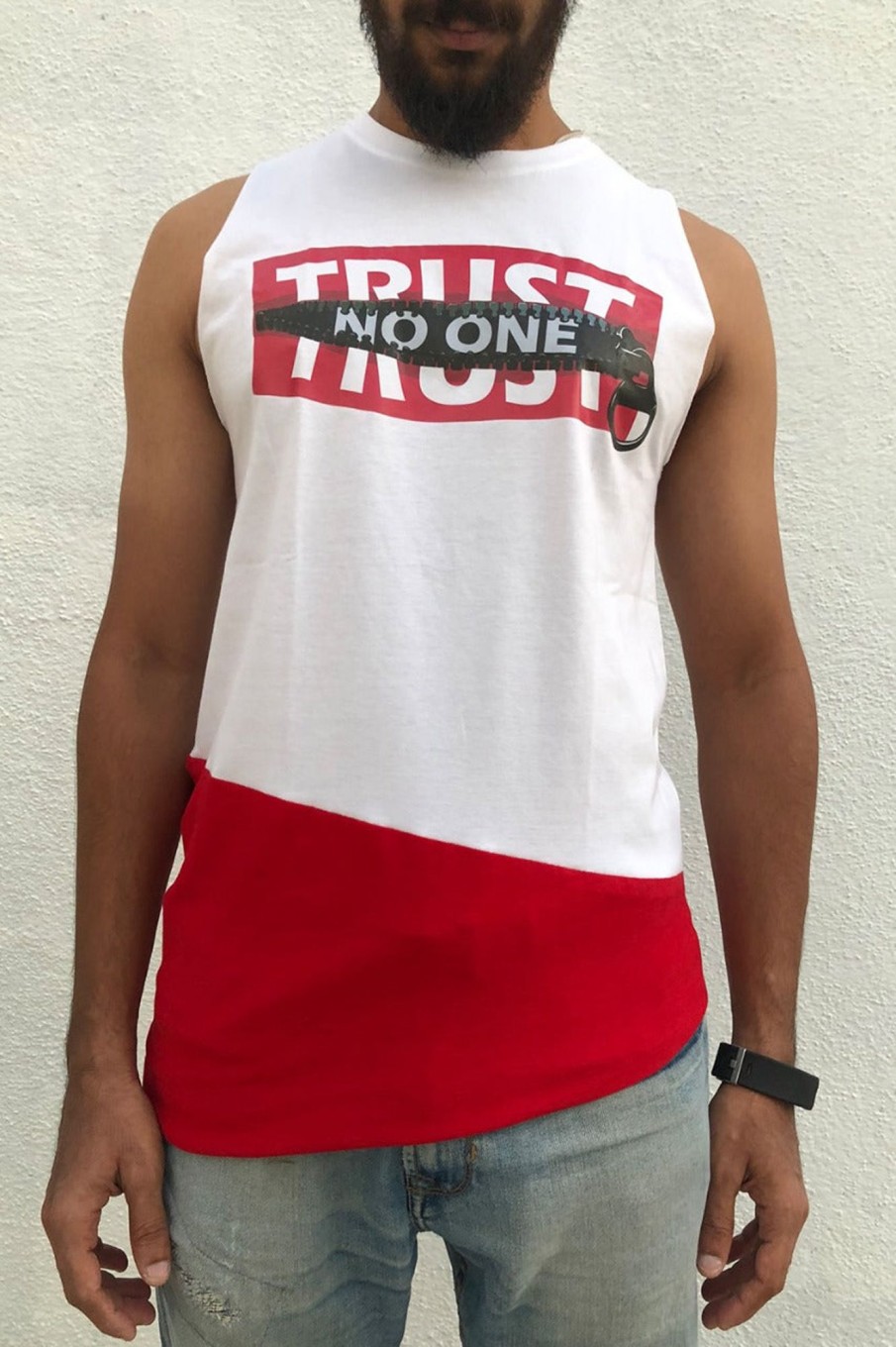 Men Styched Fashion | Trust No One Graphic Printed Asymmetrical Tank Top