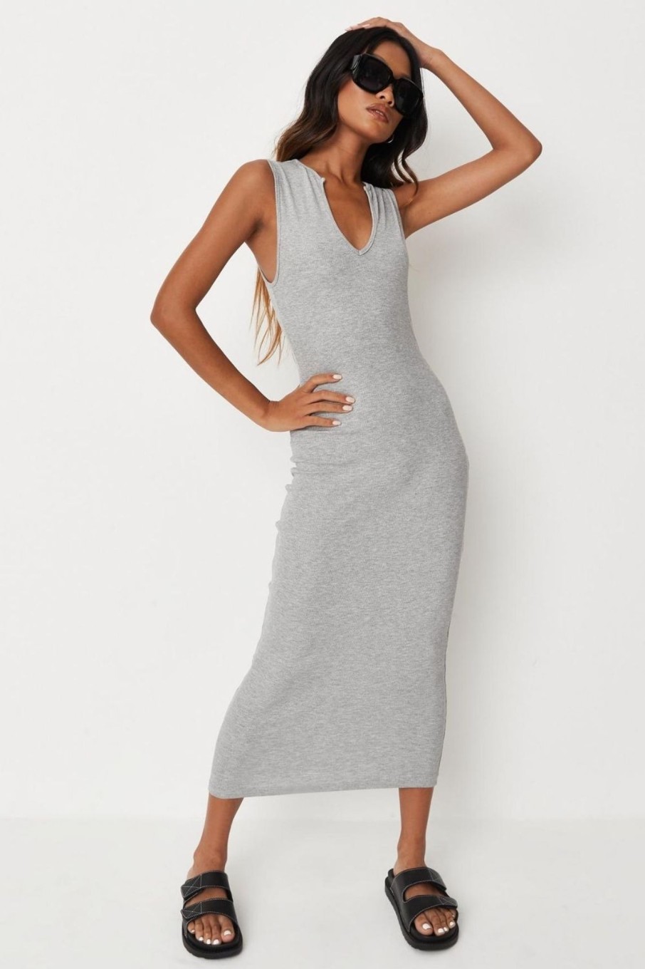 Women Styched Fashion | Plunge Neckline Grey Tank Dress