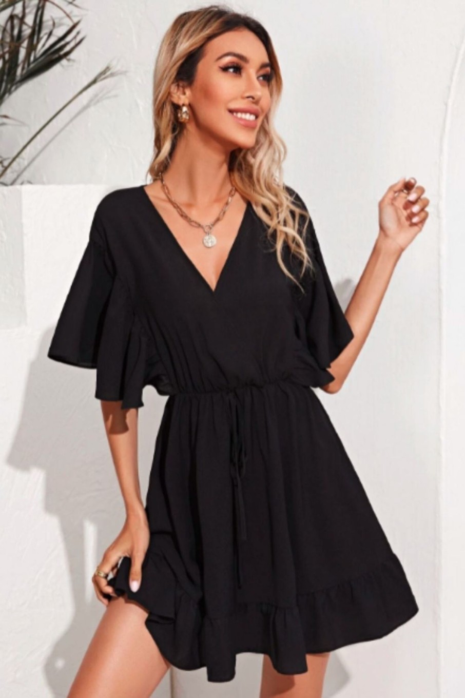 Women Styched Fashion | Ruffle Hem V-Neck Fit And Flare Mini Dress