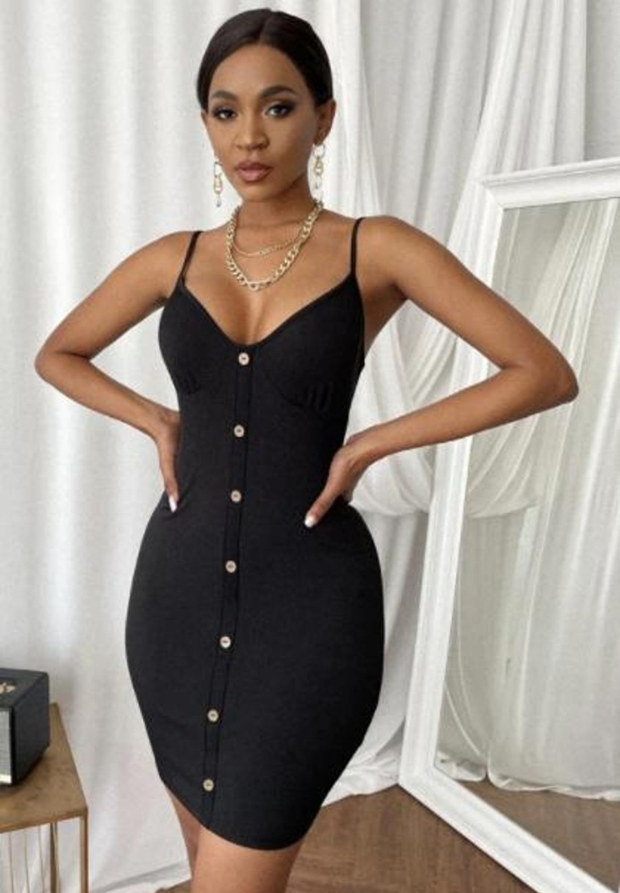 Women Styched Fashion | Black Button Front Bodycon