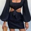 Women Styched Fashion | Square Neckline Full Sleeve Black Dress