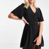 Women Styched Fashion | Button Through Tie Back Mini Tea Dress With Angel Sleeve In Black