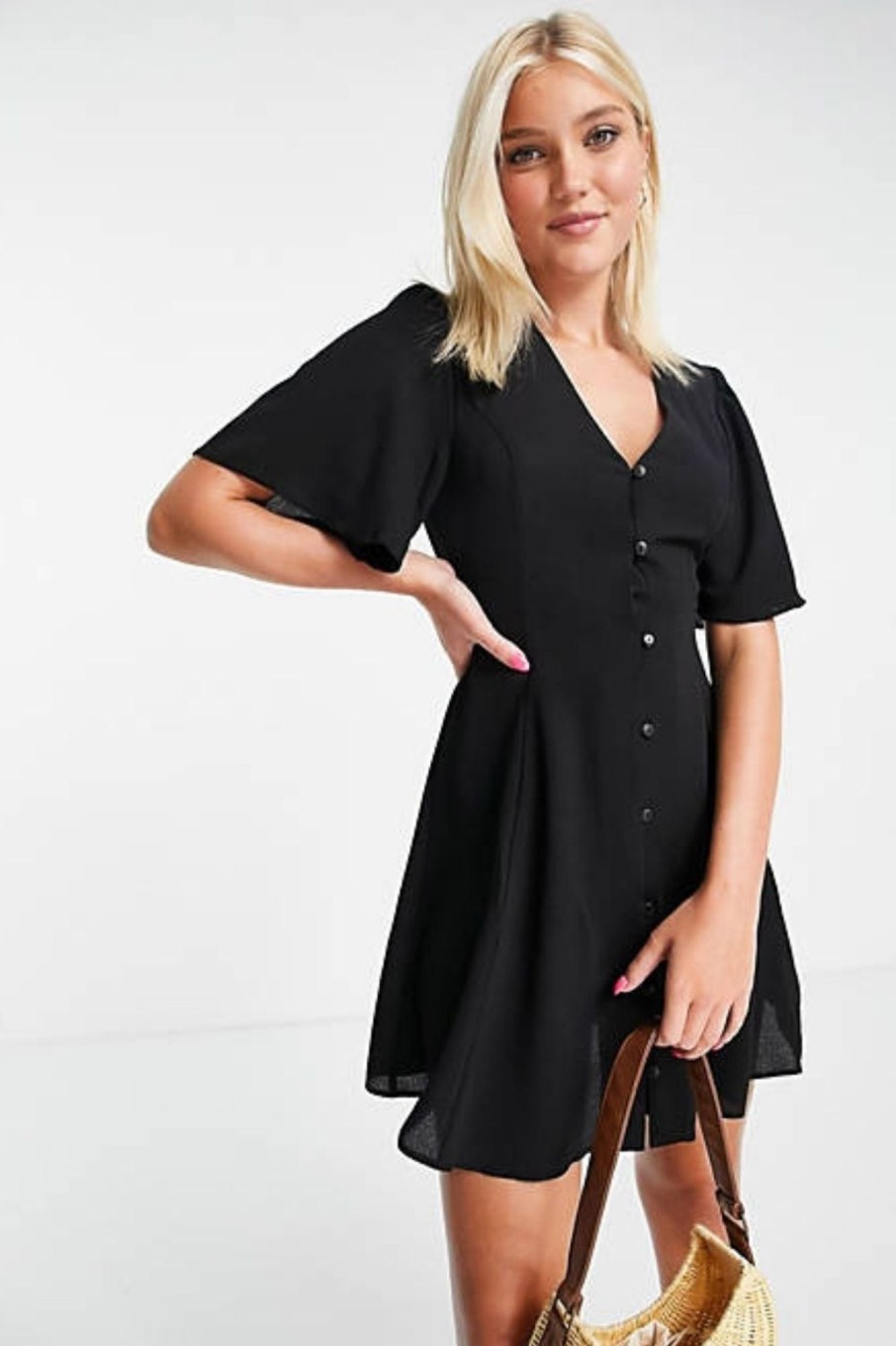 Women Styched Fashion | Button Through Tie Back Mini Tea Dress With Angel Sleeve In Black