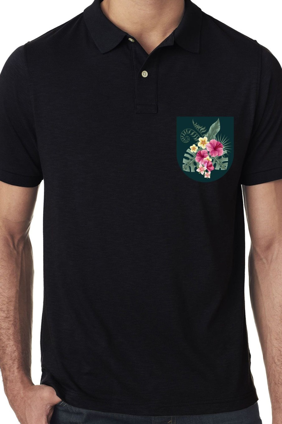 Men Styched Fashion | Black Premium Polo T-Shirt With Tropical Grunge Graphics On Pocket Printed