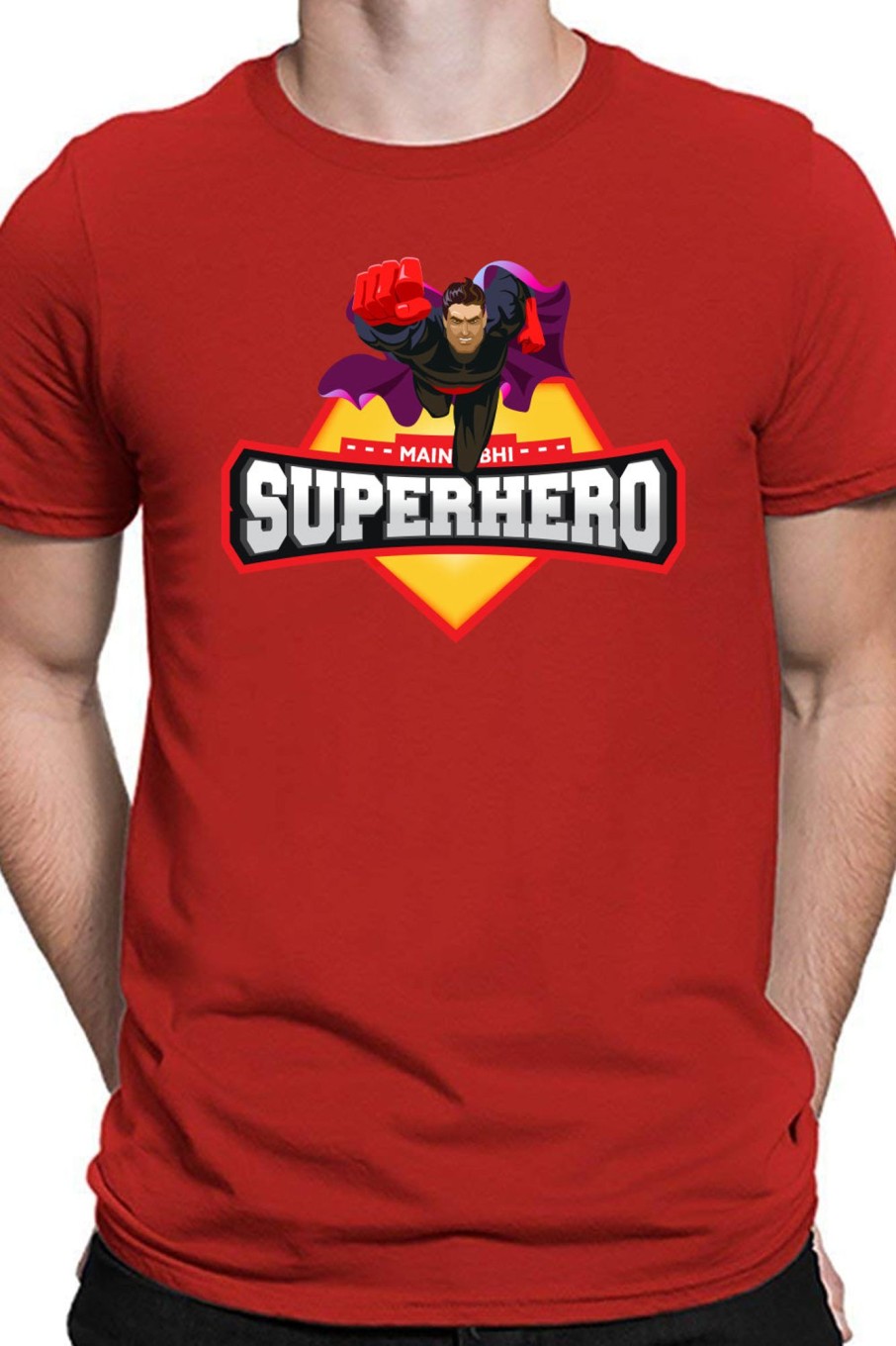 Men Styched Fashion | Main Bhi Superhero - Casual Biowashed Cotton Red T-Shirt