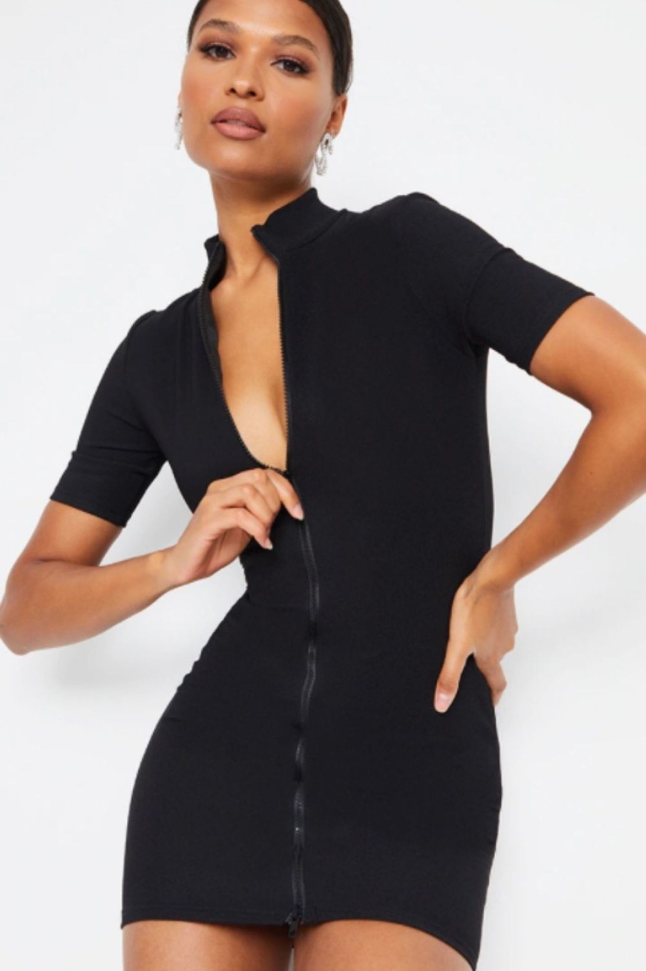 Women Styched Fashion | Black Mock Neck Mini Dress