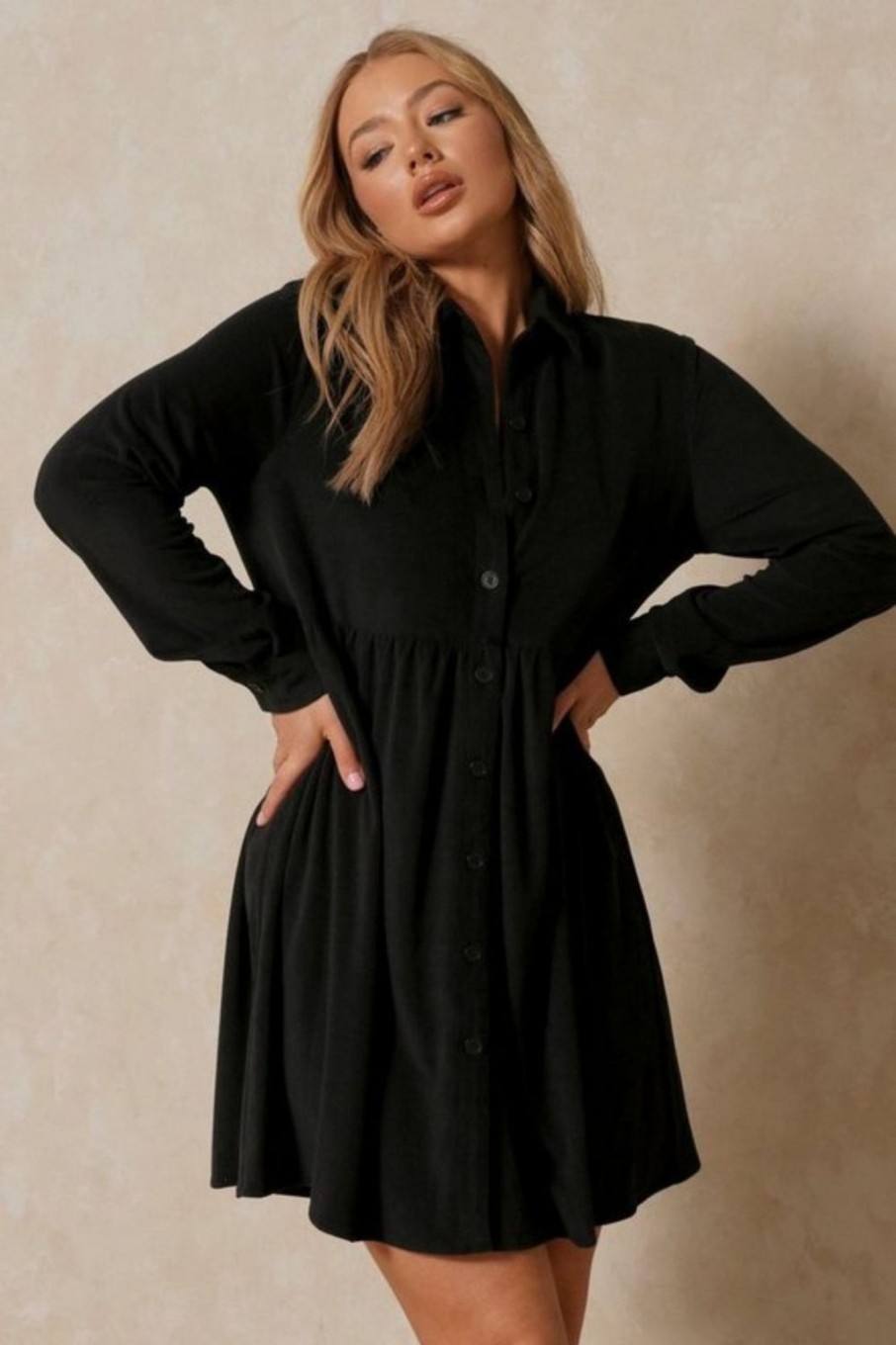 Women Styched Fashion | Black Collar Full Sleeves Flare Dress