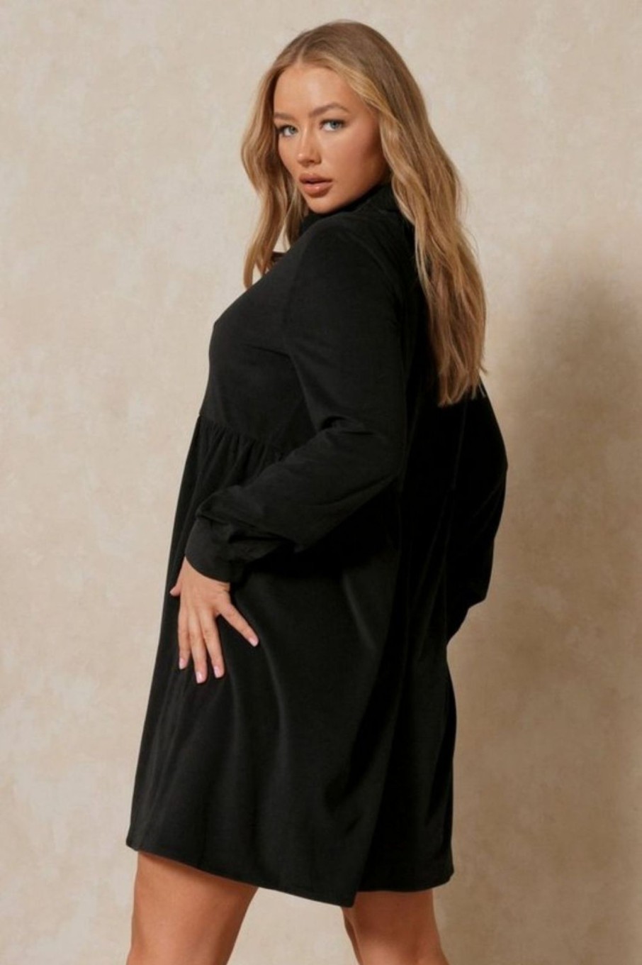 Women Styched Fashion | Black Collar Full Sleeves Flare Dress