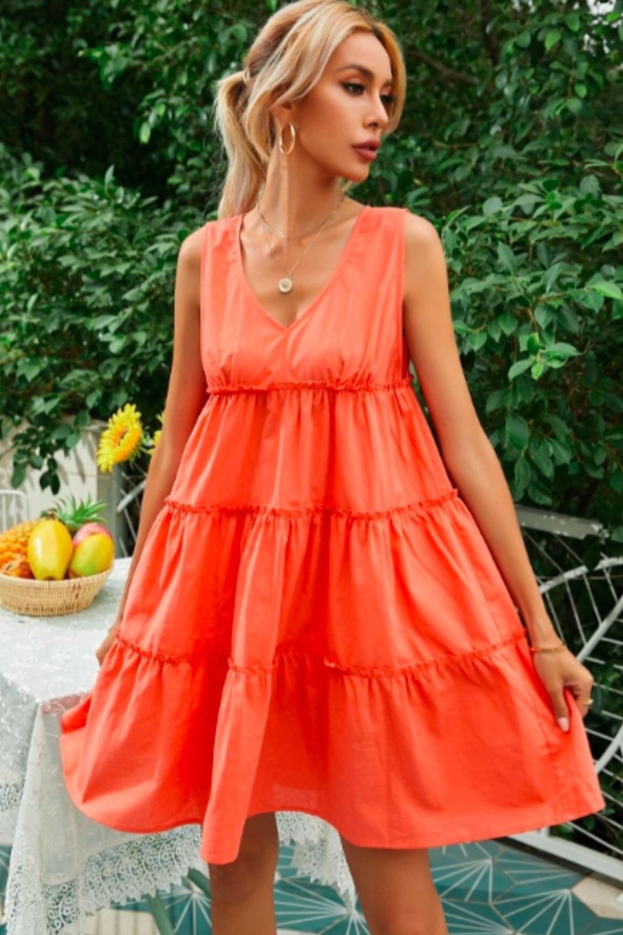 Women Styched Fashion | V Neck Zipper Back Ruffle Hem Smock Dress