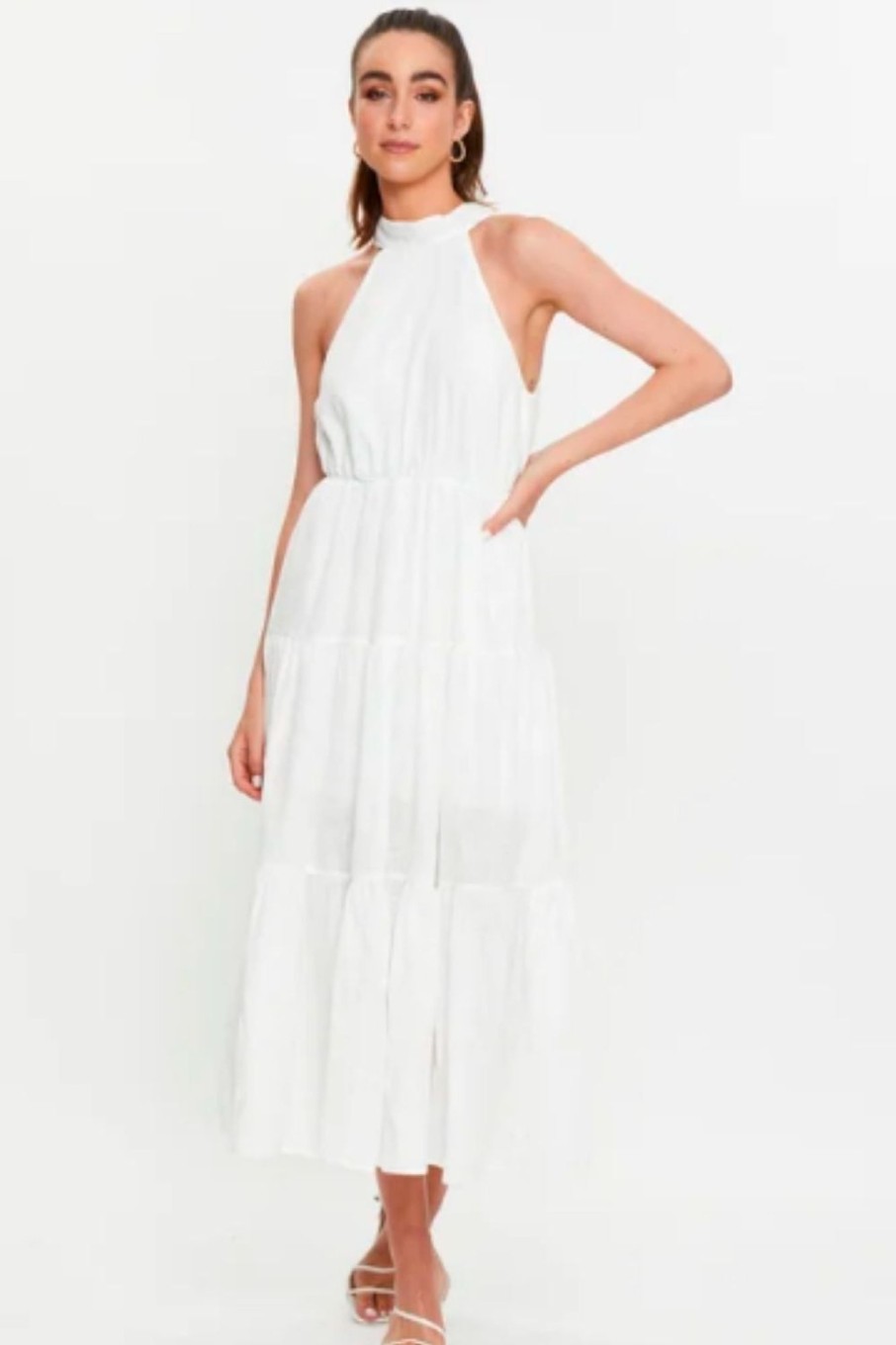 Women Styched Fashion | Halter Neck Backless Ruffle Dress White