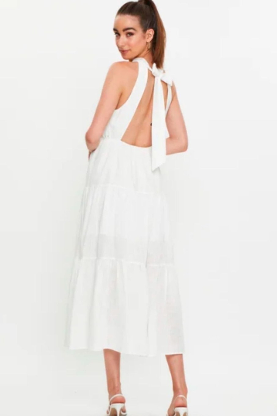 Women Styched Fashion | Halter Neck Backless Ruffle Dress White