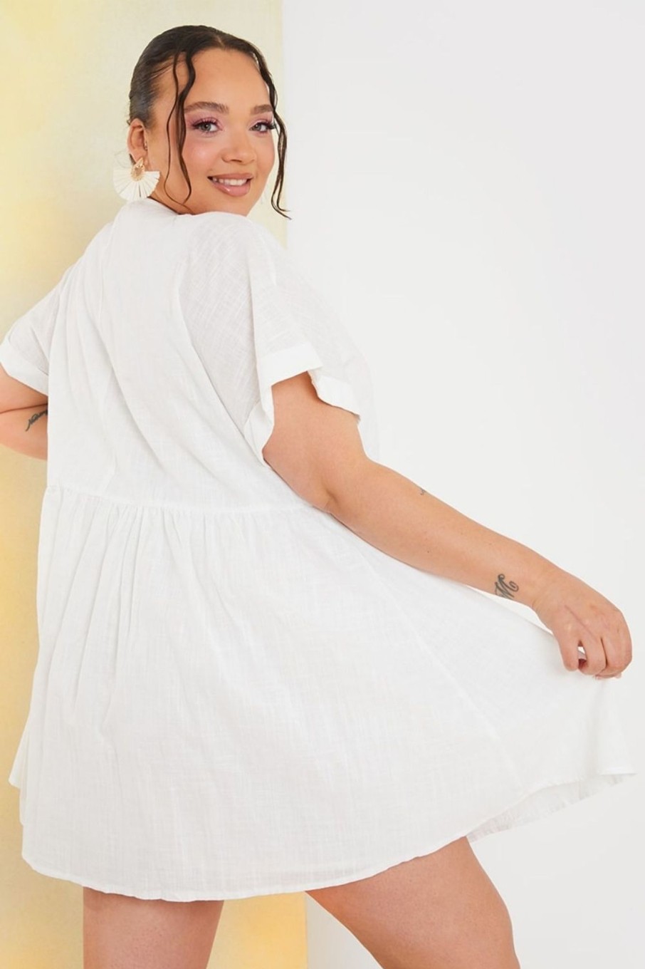 Women Styched Fashion | White Linen Look Smock Dress