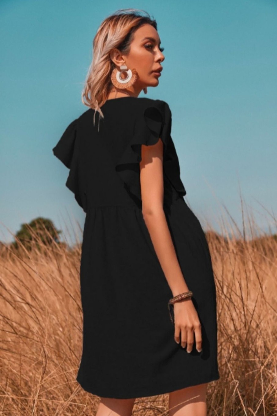 Women Styched Fashion | Button Down Ruffle Sleeve Flare Mini Dress