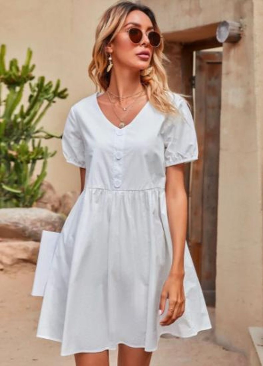 Women Styched Fashion | White Puff Sleeve Dress