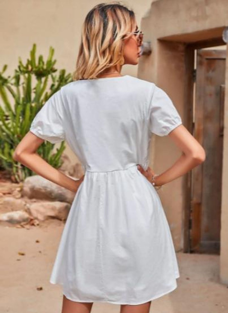 Women Styched Fashion | White Puff Sleeve Dress