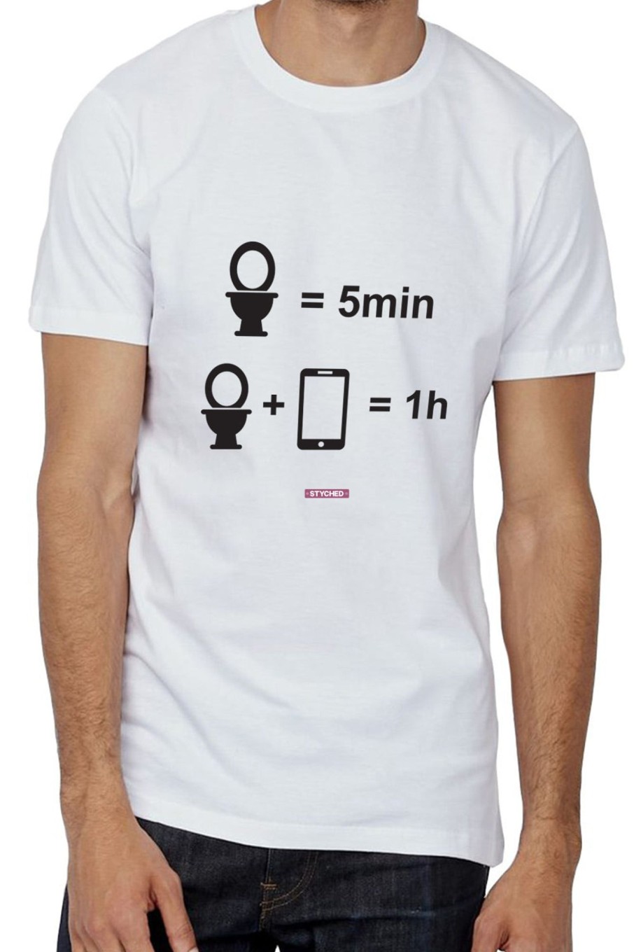 Men Styched Fashion | Time In Restroom With Phone - Quirky Graphic T-Shirt White Color