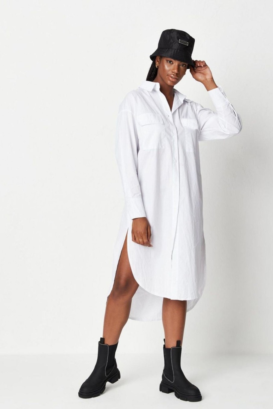 Women Styched Fashion | White Missguided Midi Shirt Poplin Dress