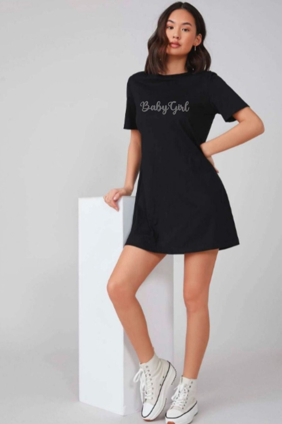 Women Styched Fashion | Baby Girl Graphic Printed Black Solid T-Shirt Dress