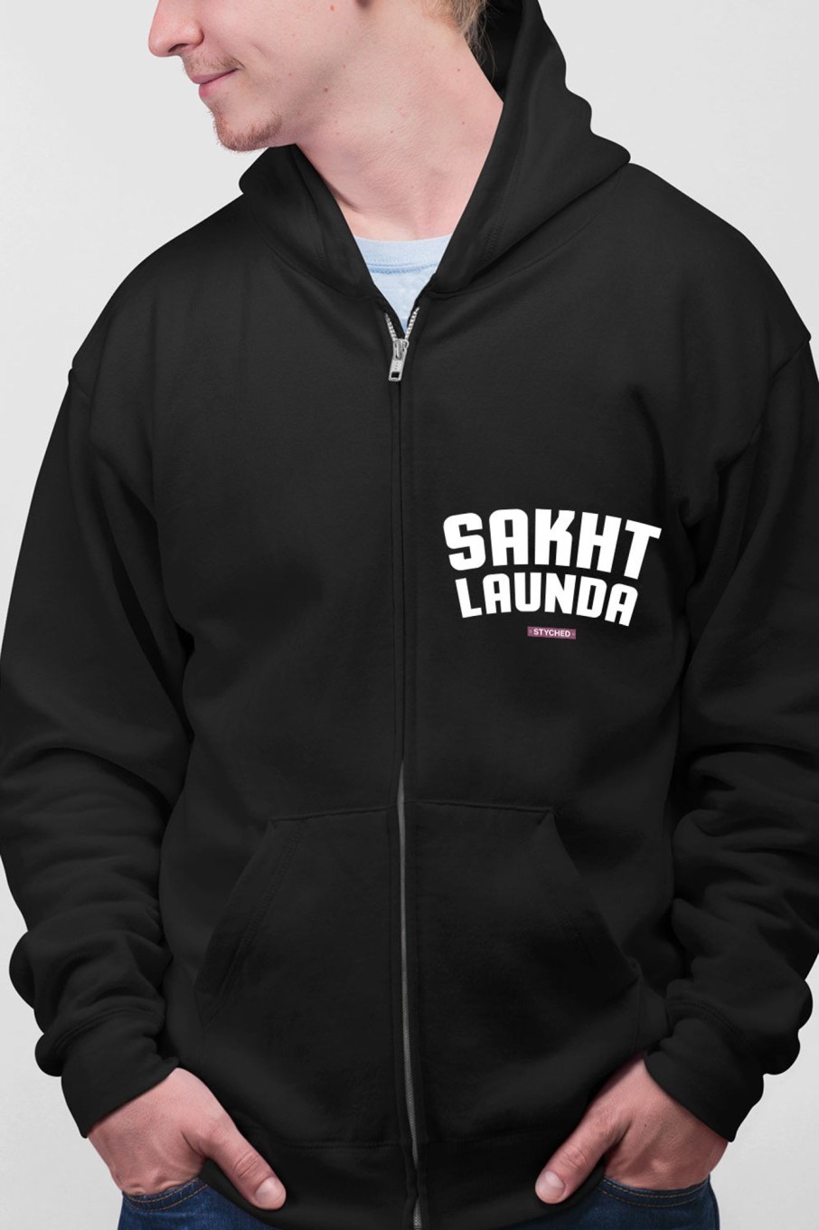 Men Styched Fashion | Sakht Launda - Full Zip Premium Hoodies Black No Threads