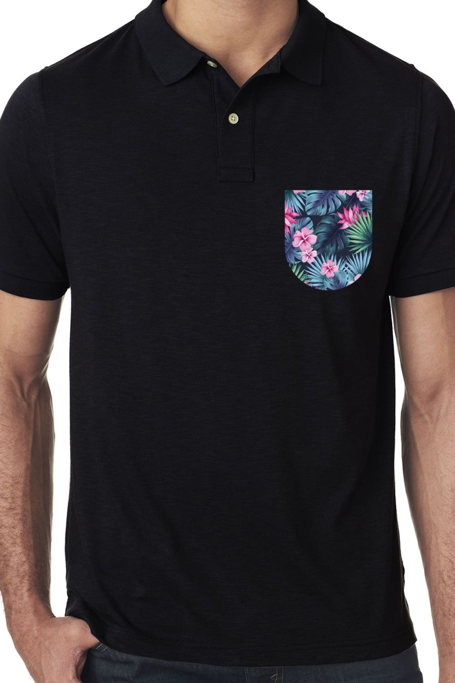 Men Styched Fashion | Black Premium Polo T-Shirt With Tropical Savannah Graphics On Pocket Printed