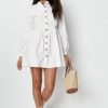 Women Styched Fashion | Front Button Open Flared Full Sleeve White Mini Dress