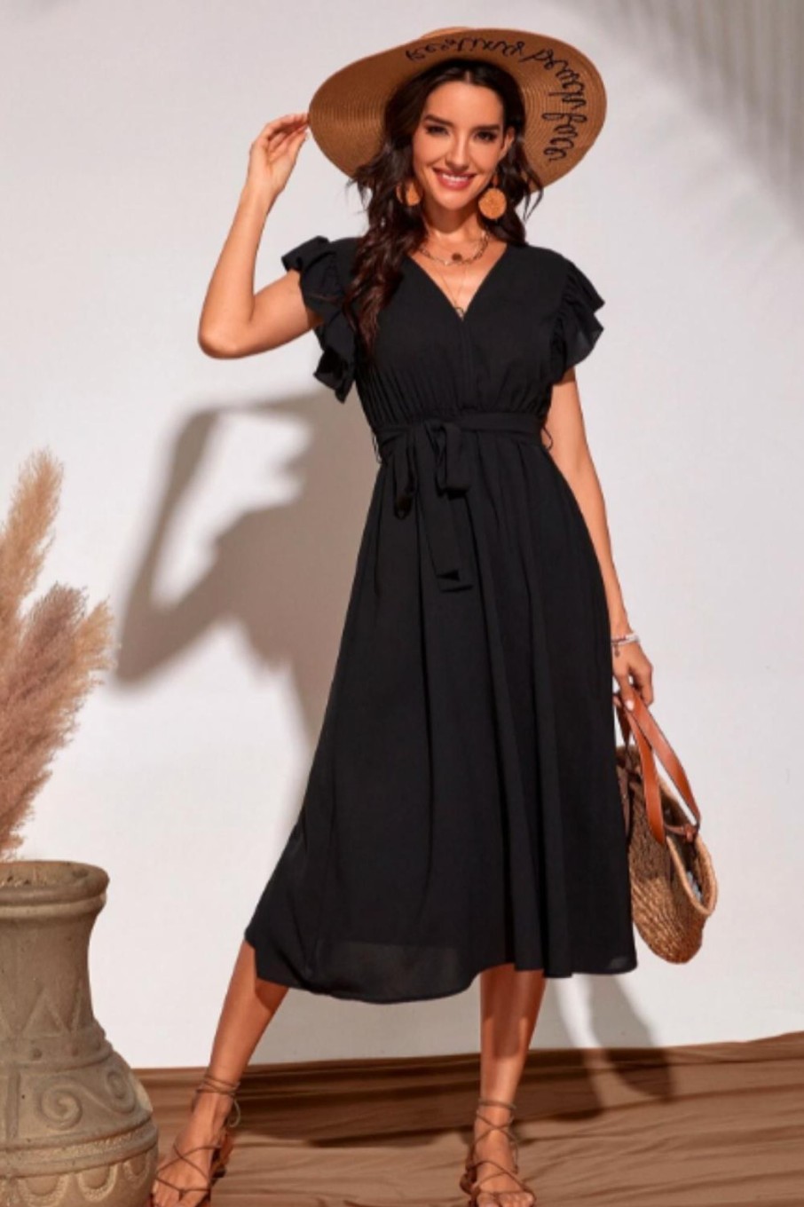 Women Styched Fashion | V Neck Ruffle Sleeve Flare Midi Dress