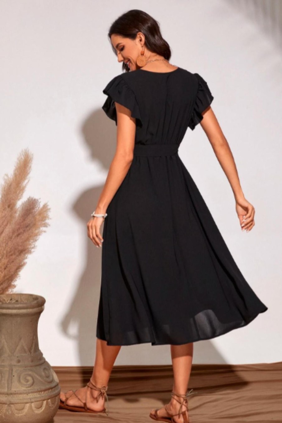 Women Styched Fashion | V Neck Ruffle Sleeve Flare Midi Dress