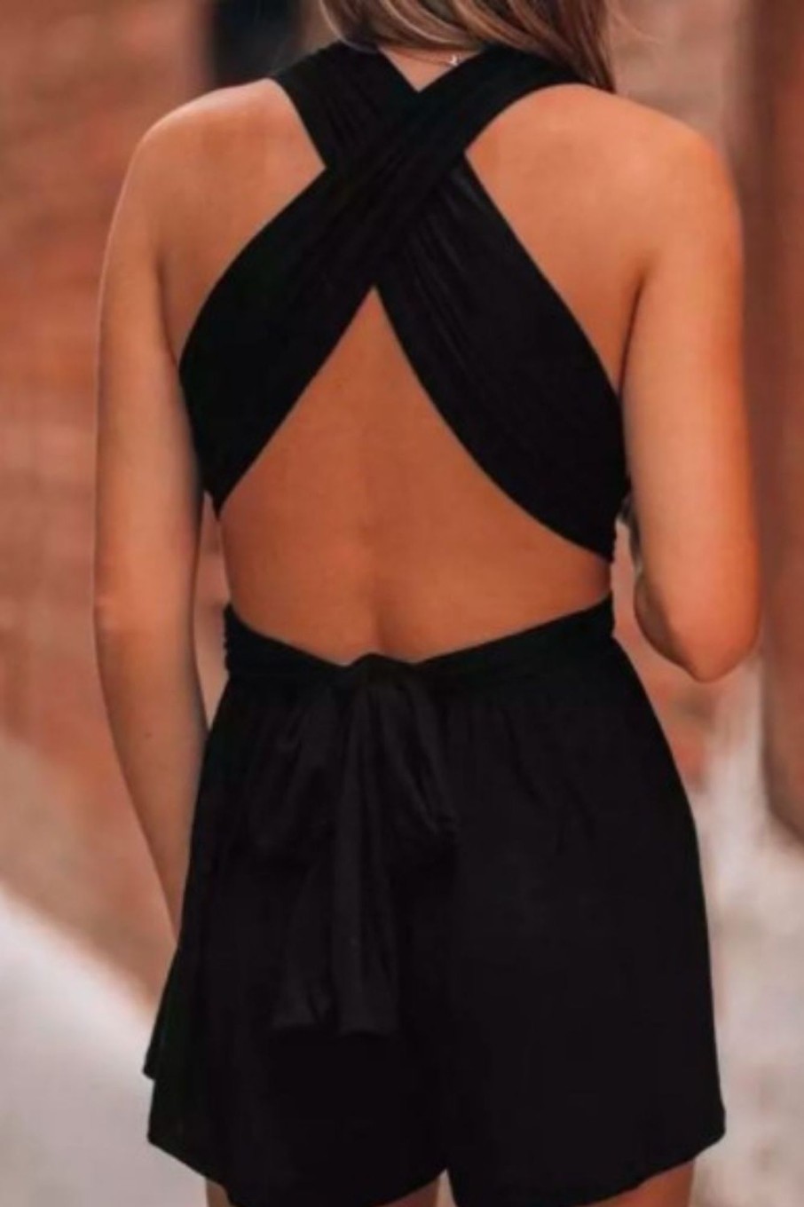 Women Styched Fashion | Crisscross Ruffled Halter Ntie Open Back Romper In Black